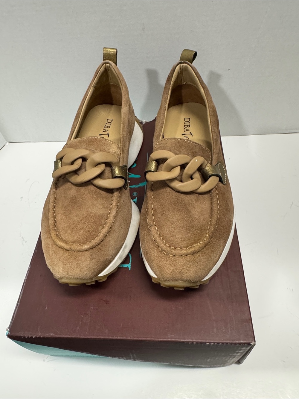 Diba True Tan Suede Chain-Trim Slip-On Loafers